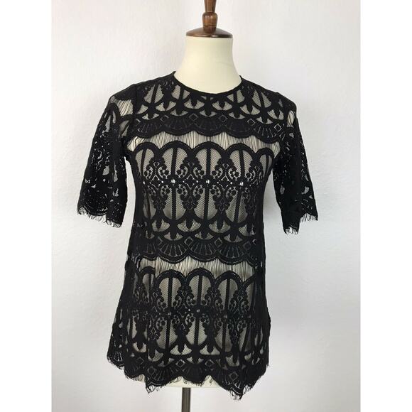 BCBGeneration Pullover Sheer Lace Fringe Trim Top - Picture 1 of 10